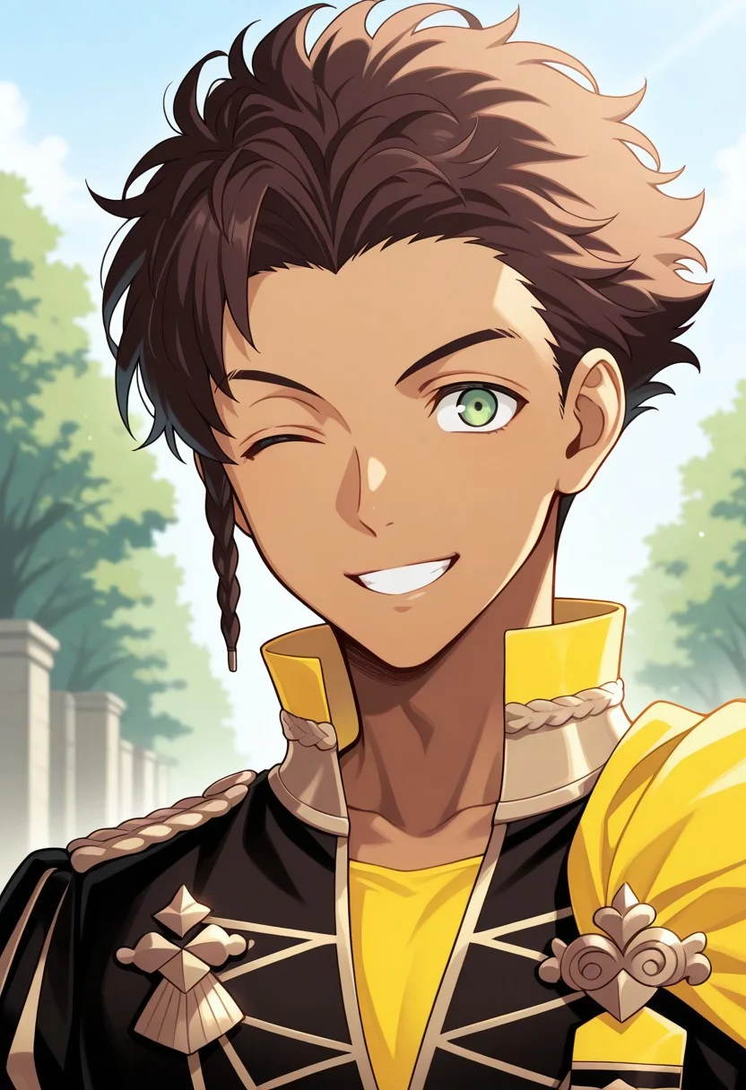 masterpiece,best quality,amazing quality, source_anime,
ClaudeVonRiegan, 1boy, male focus, solo, green eyes, brown hair, dark-skinned male, side braid, garreg mach monastery uniform, shirt, yellow shirt, coat, black coat, high collar, epaulettes, side cape, yellow cape, portrait, one eye closed, grin, happy, outdoor,