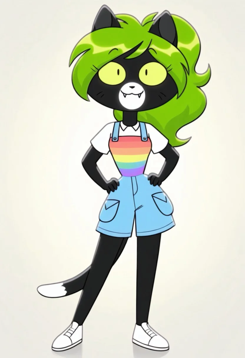 1girl, solo, cat girl, flo(rocky_rakoon), green hair, black and white skin, white shirt, rainbow striped overall tee, blue shorts, white shoes, smiling, closed mouth, fangs out, hands on hips, standing