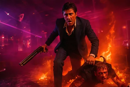 high-octane supernatural action still, tony montana, wearing a pinstriped navy-blue three-piece suit with gold rings and a Miami tan, holding a sawed-off shotgun in one hand and dragging a demonic mob boss by the collar through a smoky nightclub inferno, wide shot, Dutch angle, glass shattering midair, nightclub lit with pulsing magenta strobes and brimstone flares, enraged and unstoppable expression, dynamic flame and shadow interplay, crimson and violet color scheme, shot in the style of gritty supernatural thrillers with neo-noir cinematography





























