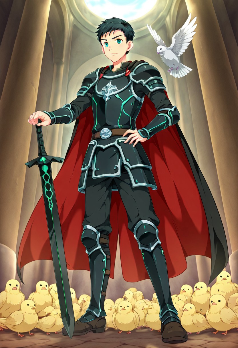 yuto_umemura, black hair, short hair, mint green eyes, he is dressed in a suit of dark iron platemail. Break. he is holding up a black coloured sword, Properly holding the sword by the hilt, his armour bears a crest of a yellow dove, fantasy armour, stylized silver dove emblems and symbols on armour and sheild, Break, epic background is a a beautiful palace, a strong wind is blowing his cape, dark blue armour