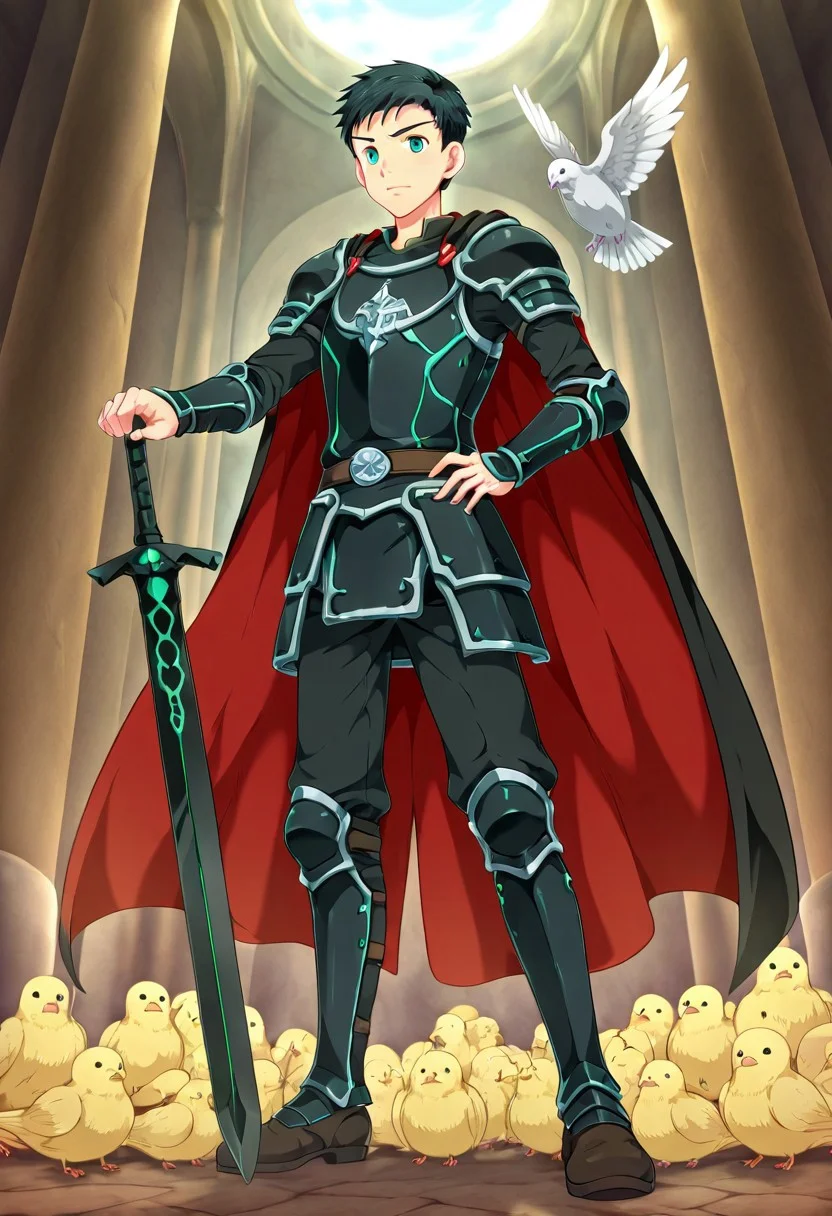 yuto_umemura, black hair, short hair, mint green eyes, he is dressed in a suit of dark iron platemail. Break. he is holding up a black coloured sword, Properly holding the sword by the hilt, his armour bears a crest of a yellow dove, fantasy armour, stylized silver dove emblems and symbols on armour and sheild, Break, epic background is a a beautiful palace, a strong wind is blowing his cape, dark blue armour