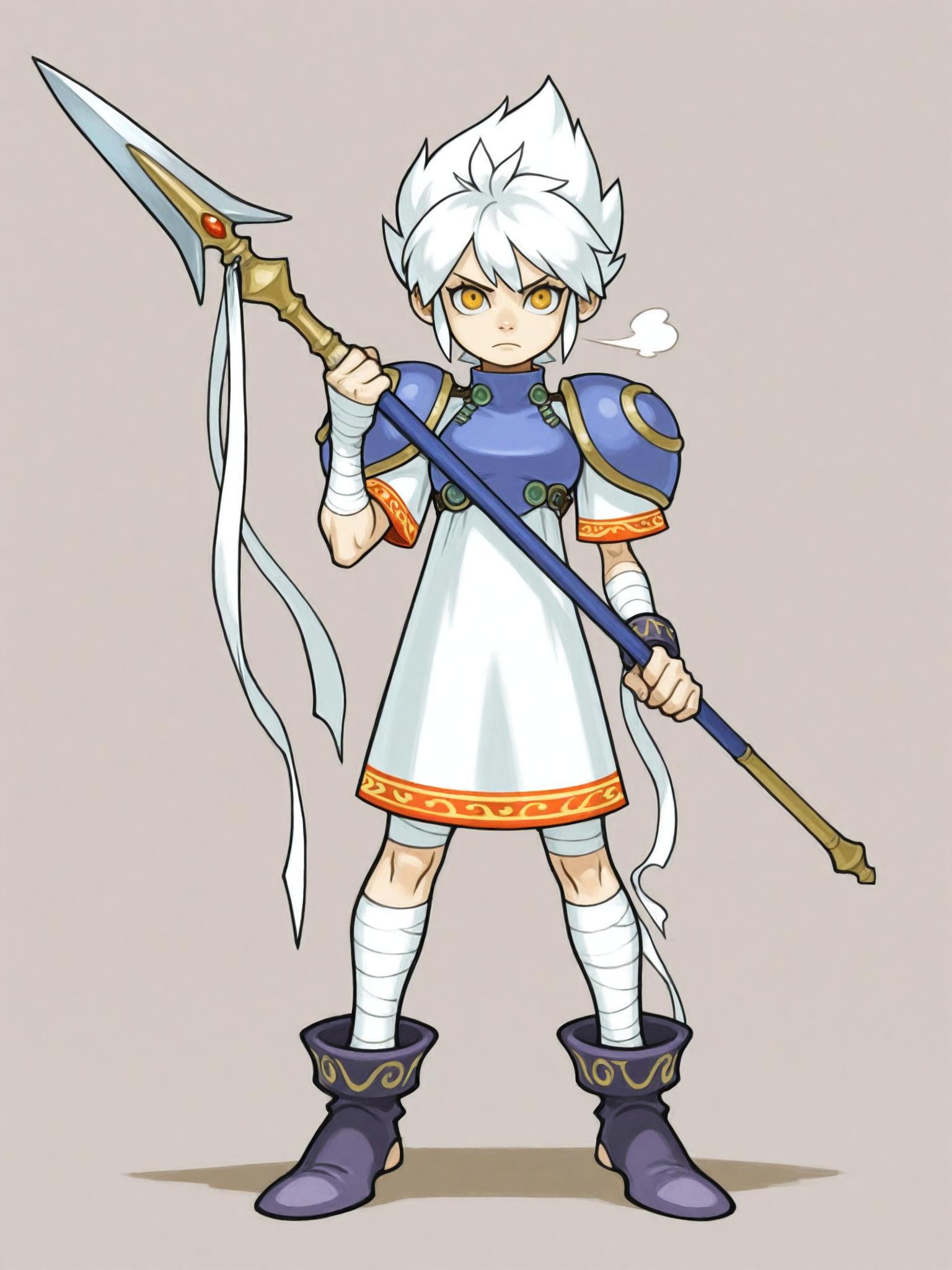 capcomfantasy,1girl, light skin, white hair, (short hair:1.1),serious expression,holding a large, stylized spear, (detailed clothing:1.2), light gray and white dress with segmented armor, bandages wrapped around legs, (accessories:1.1), (shoes:1.1), centered in frame, facing viewer,, vibrant colors, detailed, illustration, Breath of Fire 6,  