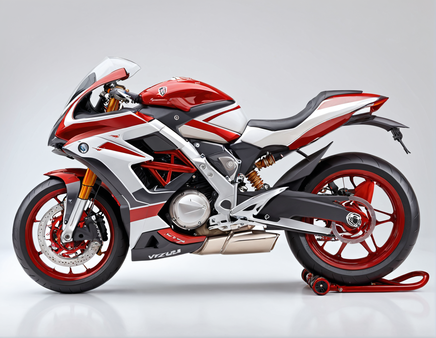 ethereal fantasy concept art of  <lora:Zoom_Cars:1>,Cornelisz Hendriksz Vroom,, a red and white motorcycle is parked on a white background with a red and white stripe around the bike [20], . magnificent, celestial, ethereal, painterly, epic, majestic, magical, fantasy art, cover art, dreamy
