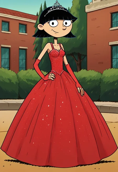 score_9_up,score_8_up,score_7_up,score_6_up,score_5_up,score_4_up BREAK rhonda,black hair, black eyes, bob cut, blunt bangs, Very large red floor length gown, ball gown, rhimestones. She is also wearing a tiara, hoop skirt, dome shape skirt, quinceanera, prom, pageant, long elbow length red fingerless Satin bridal gloves, contrapposto, hand on own hip, park, tree, building,smile,arm at side, leaning to the side, dutch angle, looking at viewer, <lora:RhondaPony:1>