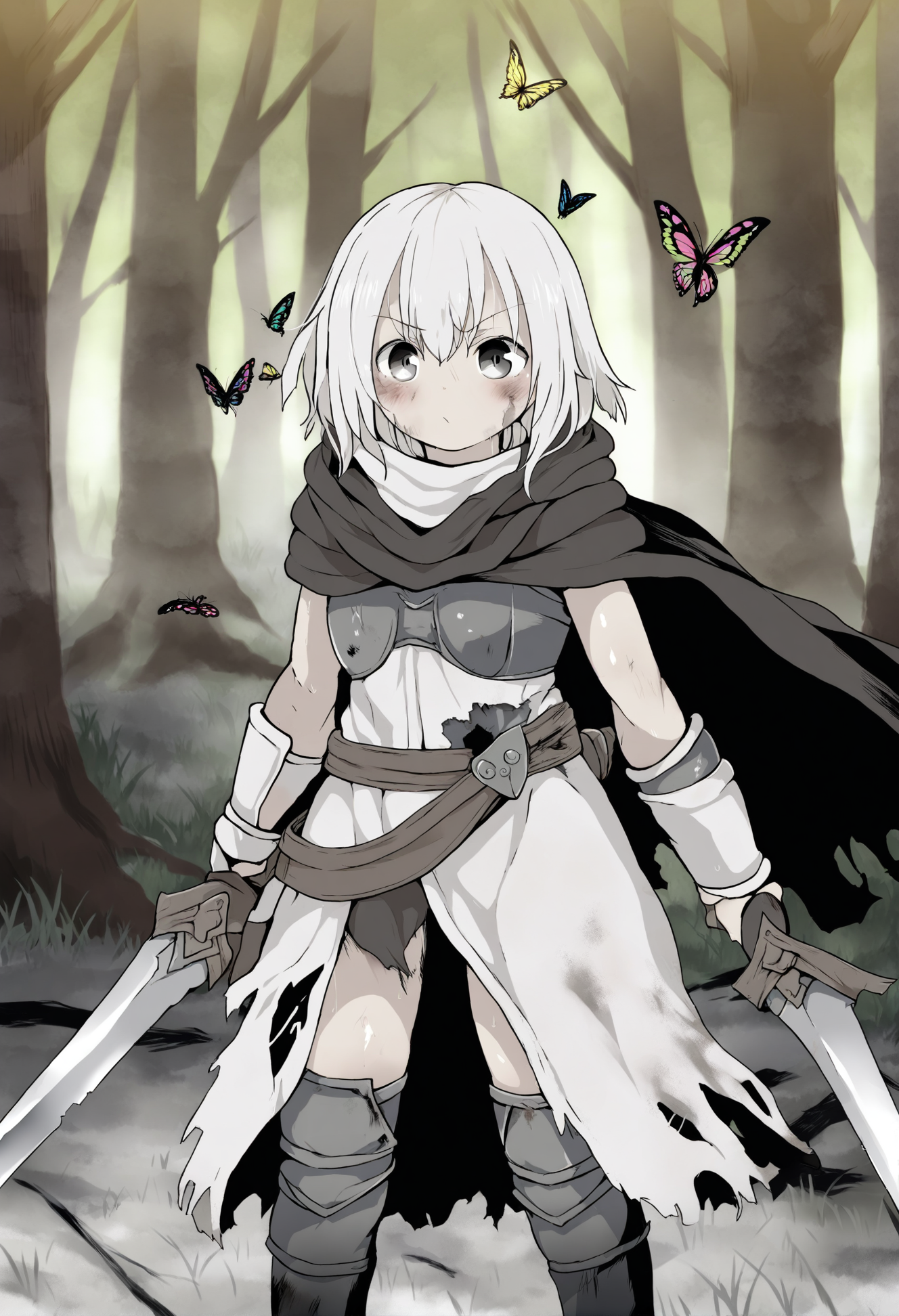 masterpiece, best quality,(monochrome:0.7),cowboy shot, a woman in broken and dirty armor holding a sword in a forest with a butterfly flying by her side, with a forest background,(Defeated knight, torn armor, tattered cloak and hood), Armin Hansen, official art, a character portrait, fantasy art ,<lora:DAGASIXLlokr8f-000188:0.95>