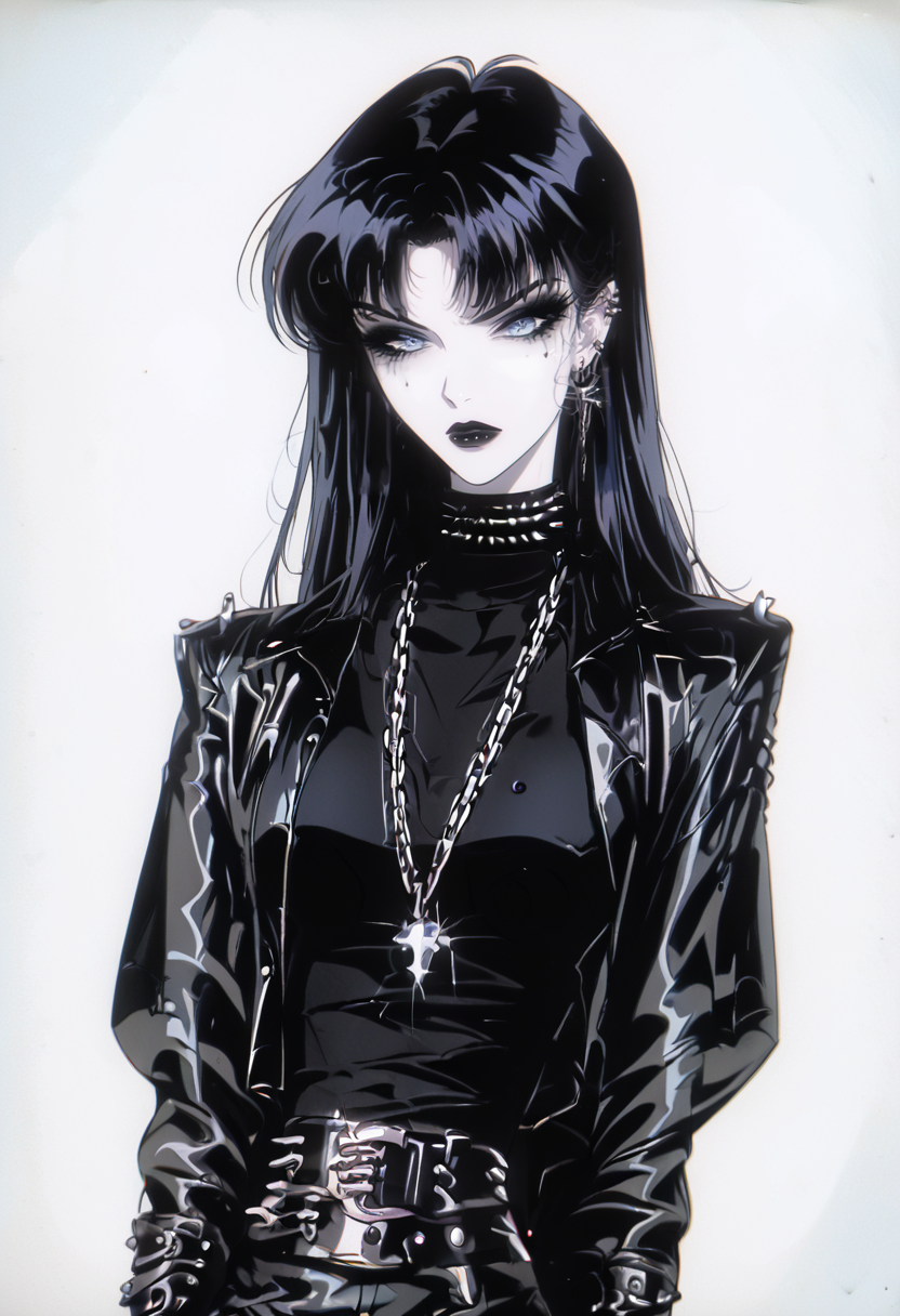 <lora:SashaPXL:0.8>, goth, 1girl, solo,
Black velvet bralette pastel accents, High-waisted black shorts pink chain belt, White combat boots, pastel layered necklaces.
<lora:OldAnimeStyle_XL_v3:1> Vintage, 1990s \(style\)