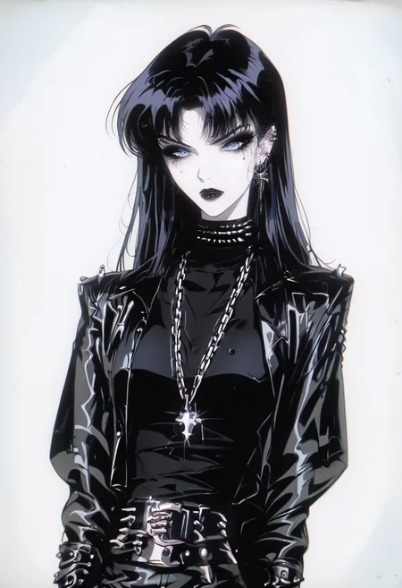 <lora:SashaPXL:0.8>, goth, 1girl, solo,
Black velvet bralette pastel accents, High-waisted black shorts pink chain belt, White combat boots, pastel layered necklaces.
<lora:OldAnimeStyle_XL_v3:1> Vintage, 1990s \(style\)