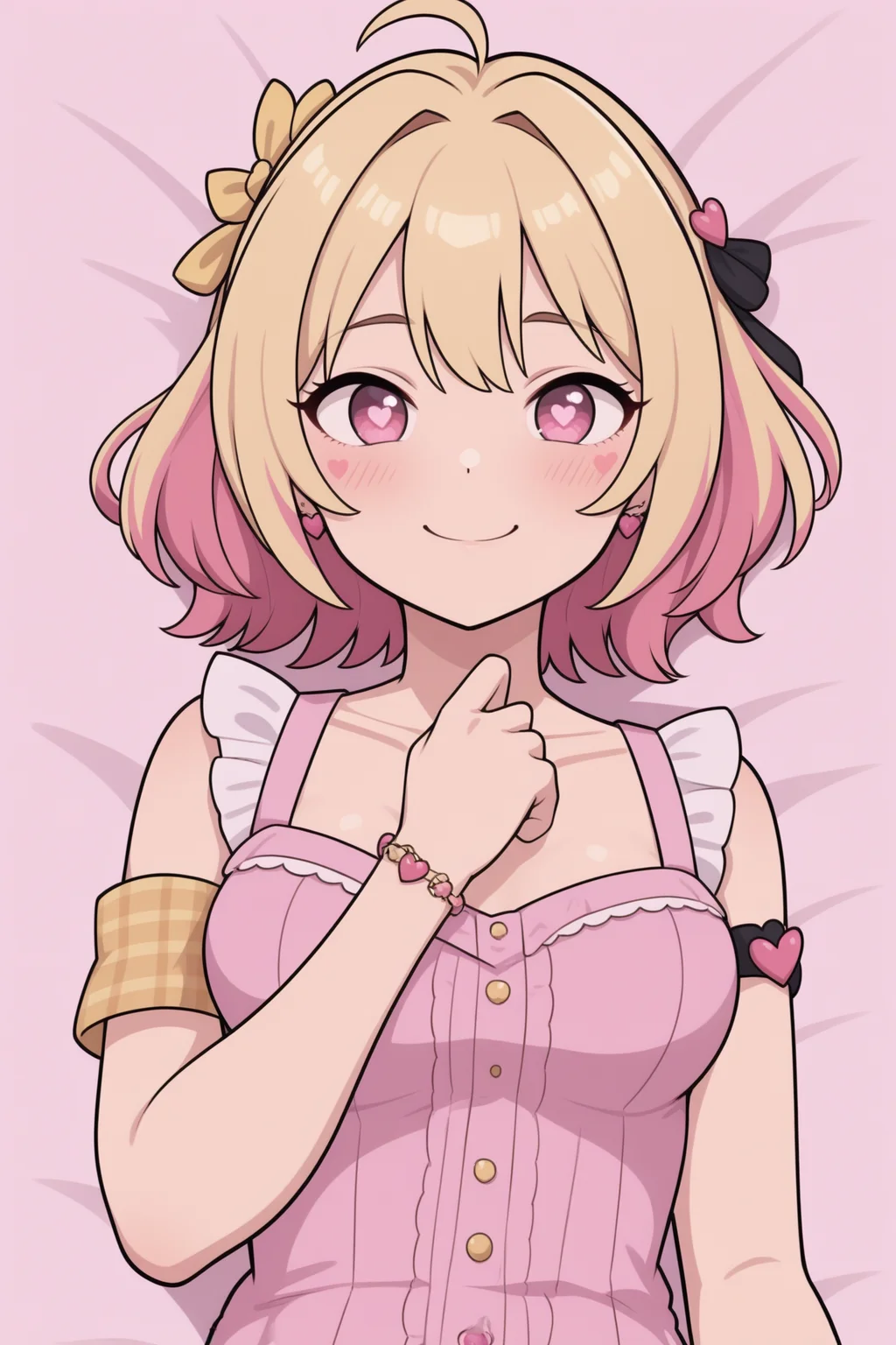 masterpiece,best quality
,hair intakes,hair bow,ribbon,pink eyes,dakimakura \(medium\),plaid armband,two-tone hair,heart,black ribbon,yellow bow,smile,symbol in eye,idolmaster,ahoge,1girl,jewelry,hair ornament,breasts