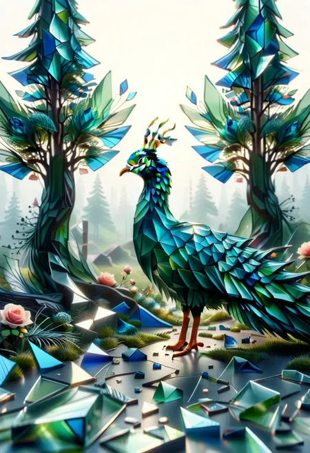 mesmerizing geometric patterns, geometric complexity, The wind , clouds high, tall trees, forest pathways, bloom of roses,(peacock made of mesmerizing geometric patterns of Glass Shard:1.5), open tail, grass. honeycomb, curvilinear
, score_9, score_8_up, score_8_up, masterpiece,super detailed face, super high resolution, FaceDetail, masterpiece-level, highly detailed, intricate details, detailed background, complex background, cinematic, intricately detailed illustration, depth of field, masterpiece, best quality, amazing quality, very aesthetic, absurdres, newest, very awa, shadow, lazympos, lazypos