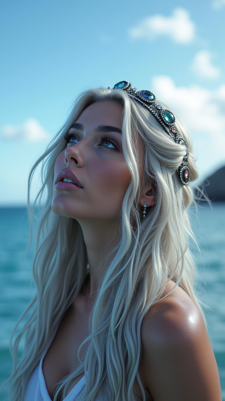 divisionism, In a Ravishing The Atlantic Ocean, a Dragonborn with Lushious Graceful hair and Accessorized Lavender lips gazes up at the sky. She wears a cinematic Colorless Diadem that billows in the [Explosive:Witty:11] breeze. aidmafluxproultra