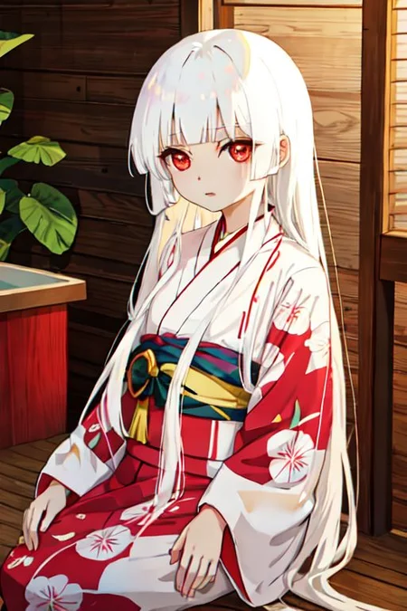 enma_ai bath yukata, white hair, long hair, indoors, cowboy shot, kimono