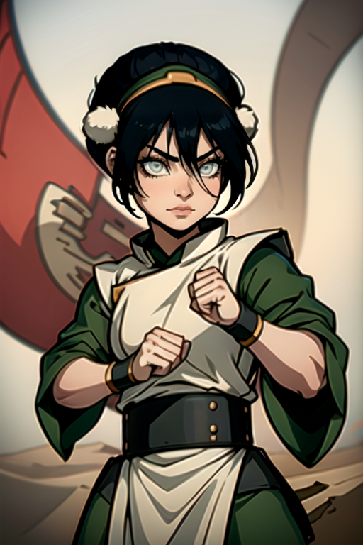 <lora:Toph:1> toph, 1girl, solo, looking at viewer, bangs, black hair, hair between eyes, closed mouth, upper body, hairband, artist name, hair bun, grey eyes, chinese clothes, clenched hands, fighting stance, white eyes, blind