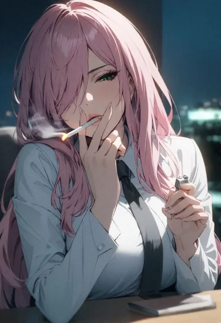 1woman, solo,  long hair, pink hair, black choker, green eyes, one eye covered by hair, lying on side, eyeliner,  gorgeous lips, white suit, tie, office lady,  looking down, <lora:sm0k1ngXL:0.6> sm0k1ng, smoking, holding lighter, lighting cigarette, night, face lit by lighter, cinematic, (masterpiece), (best quality), (ultra-detailed), very aesthetic, illustration, perfect composition, intricate details, absurdres, constricted waist, lips, Sexy mouth, high pointed nose, (nostrils:1.3), neatly drawn nose, beautiful fingers
