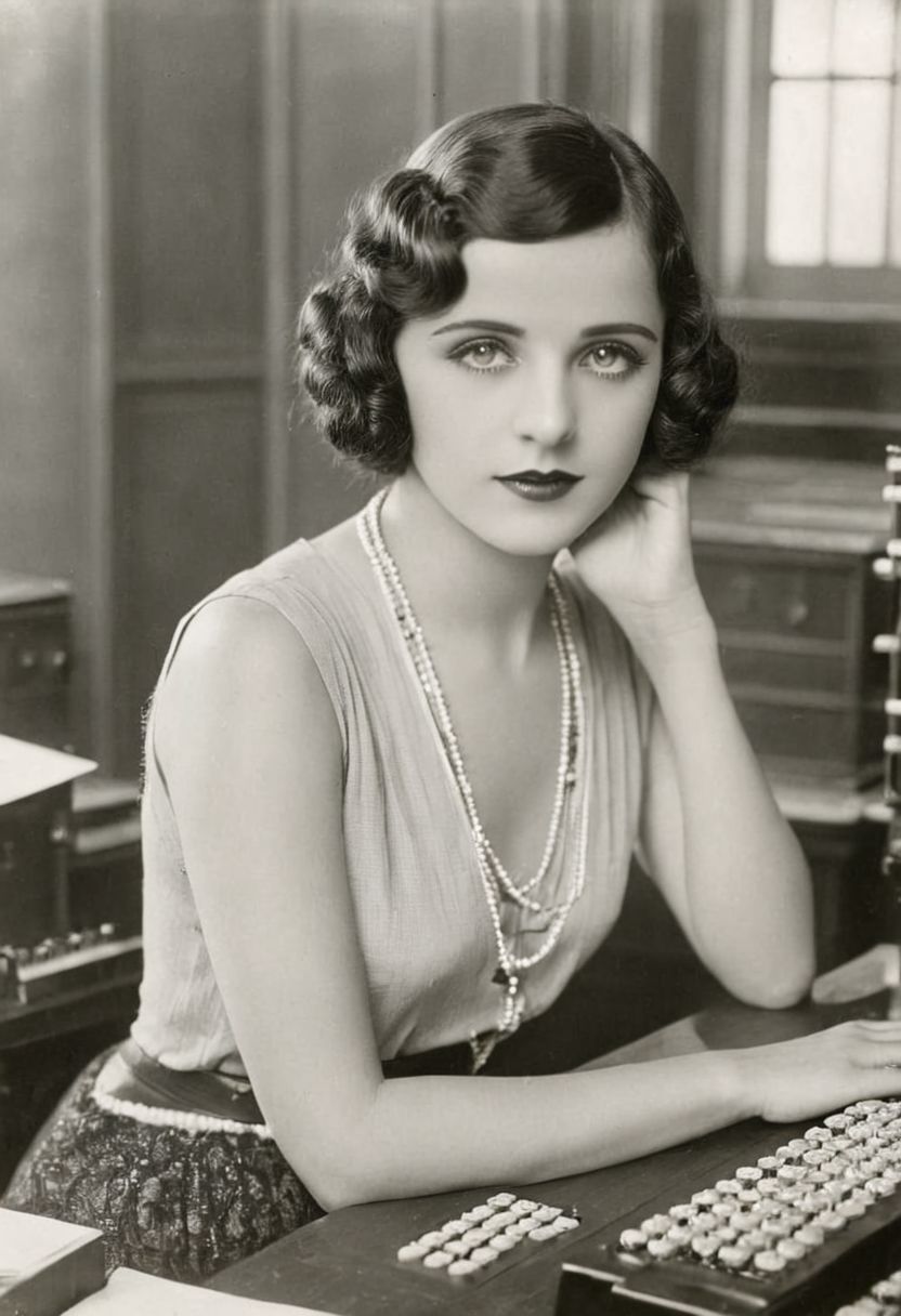 vintage photo, of 1920s female computer, inside university, making calculations to help win the war, perfect face, alluring eyes, beautiful hands, photographed on a Kodak 35, 50mm lens, f/3.5, black and white
