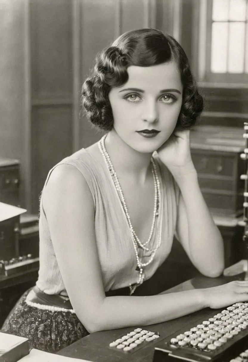 vintage photo, of 1920s female computer, inside university, making calculations to help win the war, perfect face, alluring eyes, beautiful hands, photographed on a Kodak 35, 50mm lens, f/3.5, black and white