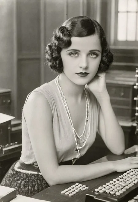 vintage photo, of 1920s female computer, inside university, making calculations to help win the war, perfect face, alluring eyes, beautiful hands, photographed on a Kodak 35, 50mm lens, f/3.5, black and white
