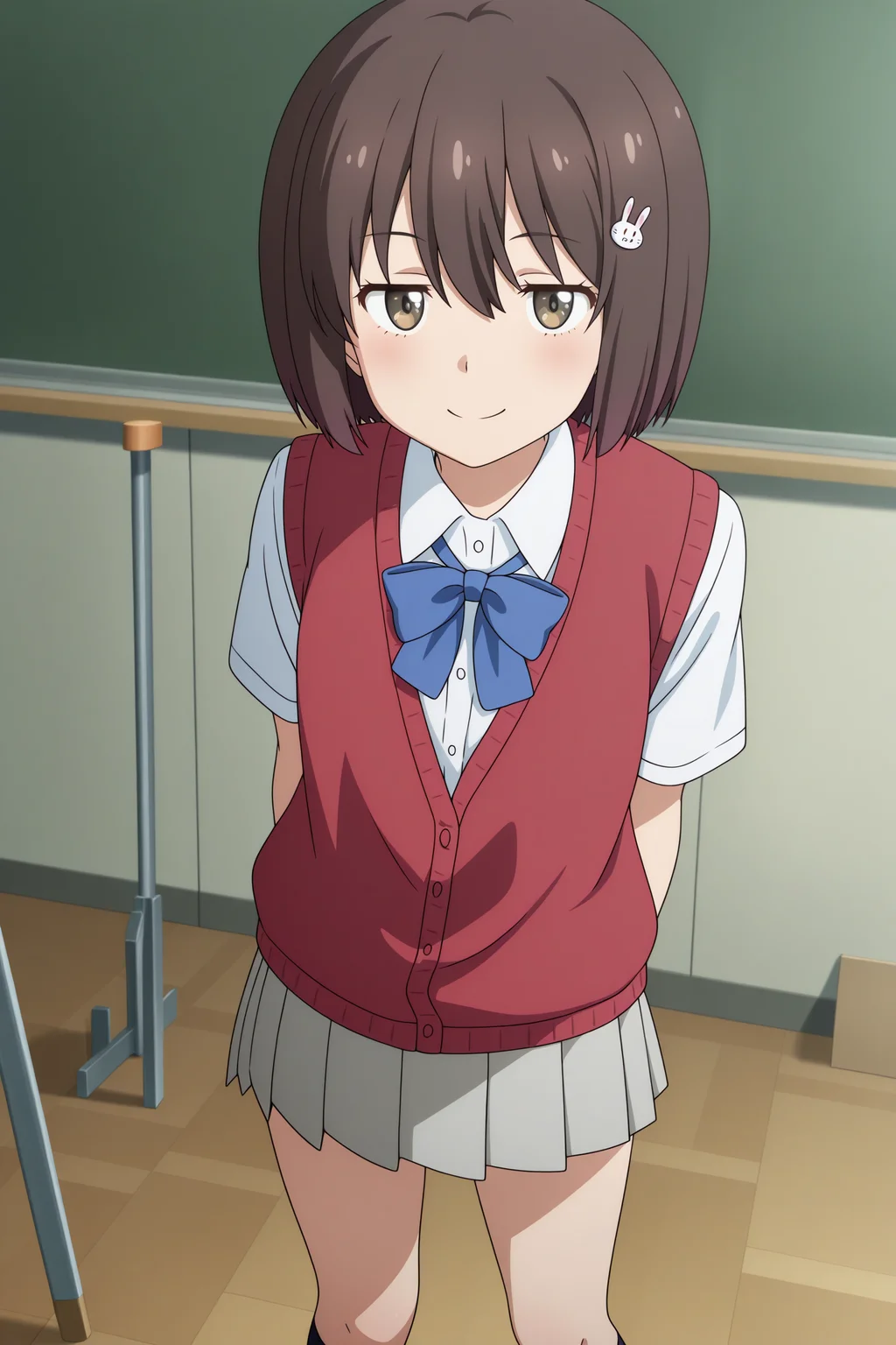 masterpiece, best quality, amazing quality, highres, absurdres, very aesthetic, high resolution, ultra detailed, perfect details, 1girl, solo, indoors, clubroom, art room, usami mizuki, short hair, brown hair, choppy bangs, rabbit hair ornament, brown eyes, short sleeves, red vest, cardigan vest, white shirt, collared shirt, blue bowtie, grey skirt, pleated skirt, black socks, kneehighs, brown footwear, loafers, <lora:Mizuki_Usami_ILXL:0.8>, (feet out of frame:1.2), looking at viewer, (anime coloring:1.2), smile, (pose:1.1), jitome