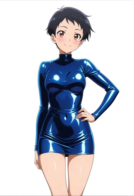 masterpiece, best quality, amazing quality, anime coloring, anime screencap, 1girl, solo, very short hair, black hair, smile, hand on own hip,  simple background, white background,  latex dress,