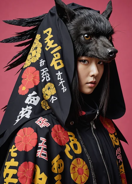 intricate details, close up, techwear, fashion, kitschpunk, black cloak covered with Japanese character, Kukeri, John Heartfield, vibrant colors, <lora:add-detail-xl:1>