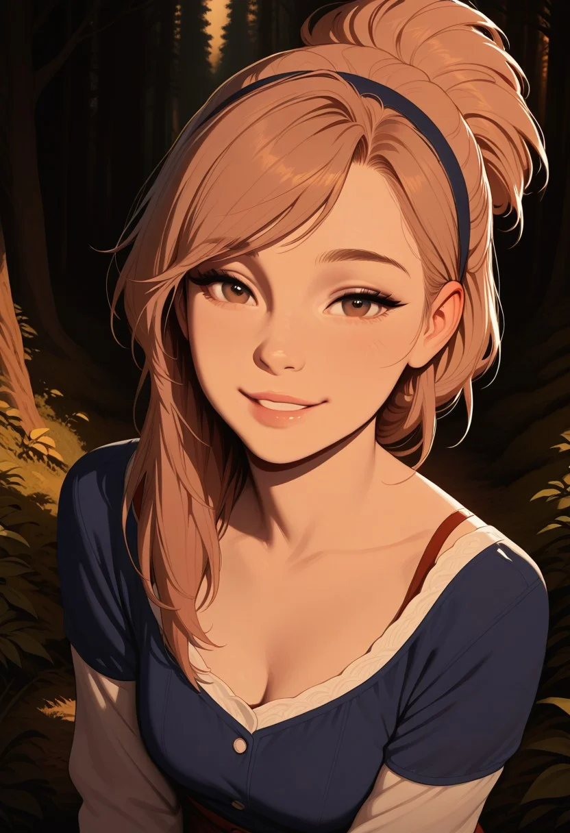 HDR, 8K, high contrast, masterpiece, best quality, amazing quality, very aesthetic, realistic, newest, volumetric lighting,
(artist:incase:0.5), (artist:tsuaii:0.5), (flat colors:1.5), 1girl, brunette, parted lips, cinematic, smile, long hair, hairband, swept bangs, forest, valley, looking at viewer, golden hour, backlighting