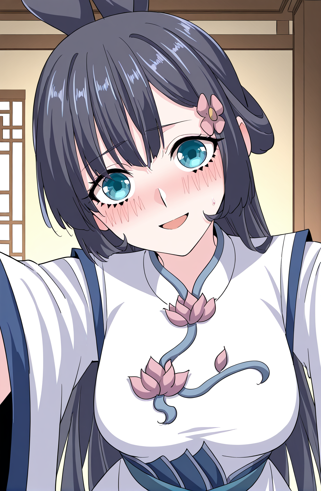 <lora:Yun_Shuang__Demon_Emperor__Illustrious:1>
1 girl, solo, long dark hair, blue eyes, side bangs, hair flower ornament, twin loop bun, 
white and blue hanfu, lotus pattern dress, floral brooch, wide sleeves, high collar, elegant outfit, 
score_9, score_8_up, score_7_up, score_6_up, source_anime, rating_explicit, 1girl, solo, smile, embarrassed, alcalose eyes, open mouth, mansion, indoors, looking at viewer, outstretched arms, pov, close-up, (head tilt:1.2)