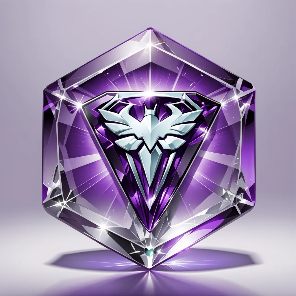 a crystal hexagon with a superhero,white logo,vector, <lora:badgemkrsdxl:0.9>, best quality, purple and green