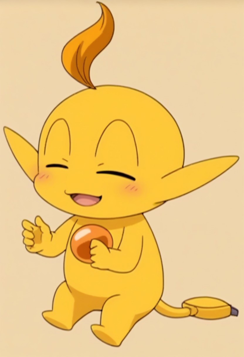 no humans, solo, pokemon(creature), closed eyes, yellow skin, ahoge, full body, 1boy, tail, pointy ears, male focus, open mouth, smile, blush, simple background, high quality