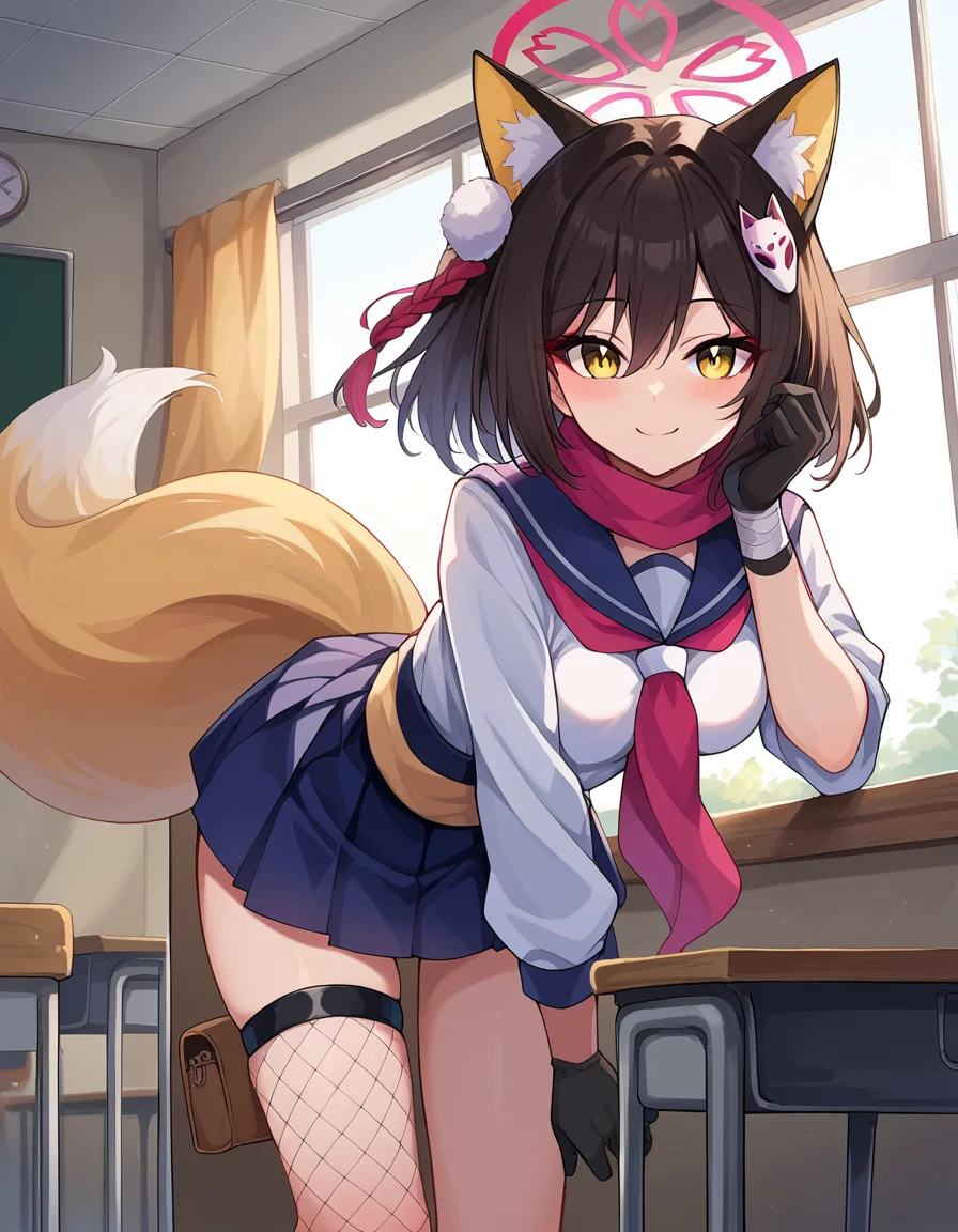 score_9, score_8_up, score_7_up, source_anime,
izunakuda, <lora:izuna-kuda-ponyxl-lora-nochekaiser:1>,
izuna kuda, yellow eyes, black hair, animal ears, animal ear fluff, medium hair, fox ears, halo,
asymmetrical legwear, fishnets, fox hair ornament, fox tail, gloves, hair ornament, pleated skirt, sash, scarf, school uniform, single thighhigh, tail, thigh strap, yellow tail,
indoors, classroom, bent over, smile,
looking at viewer, cowboy shot, dutch angle,