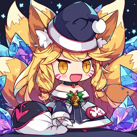 score_9, score_8_up, score_8, ,,, zzPadoru, 1girl, long hair, smile, open mouth, blonde hair, long sleeves, holding, animal ears, tail, yellow eyes, :d, choker, fox ears, black headwear, fox tail, facial mark, blush stickers, multiple tails, holding sack, ,<lora:PadoruMemePDXL:1.0>, ,,, smile, looking at viewer, ,,, embedding:zPDXL, <lora:SDXLFaeTastic2400:0.5>,