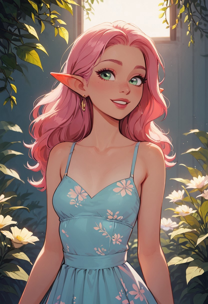 safe_pos, score_9, score_8_up, score_8, 1girl , solo sexy elf woman, light green eyes, straight long pink hair,  eyeliner, perfect face, elegant, refined, small breasts, colorful floral sundress, sweet smile, dynamic pose, volumetric lighting, cinematic lighting, indoors, greenhouse, vibrant colors, blurry background