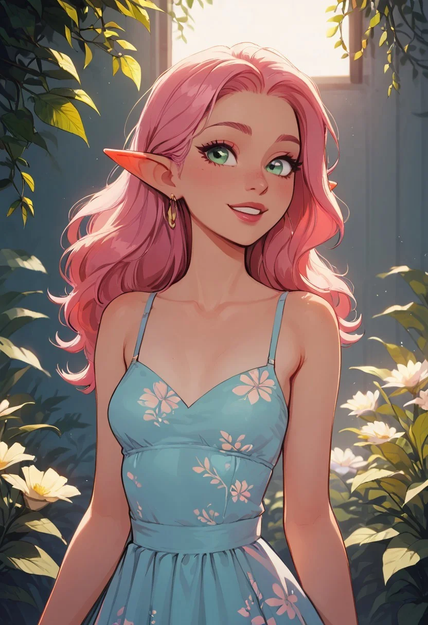 safe_pos, score_9, score_8_up, score_8, 1girl , solo sexy elf woman, light green eyes, straight long pink hair, eyeliner, perfect face, elegant, refined, small breasts, colorful floral sundress, sweet smile, dynamic pose, volumetric lighting, cinematic lighting, indoors, greenhouse, vibrant colors, blurry background
