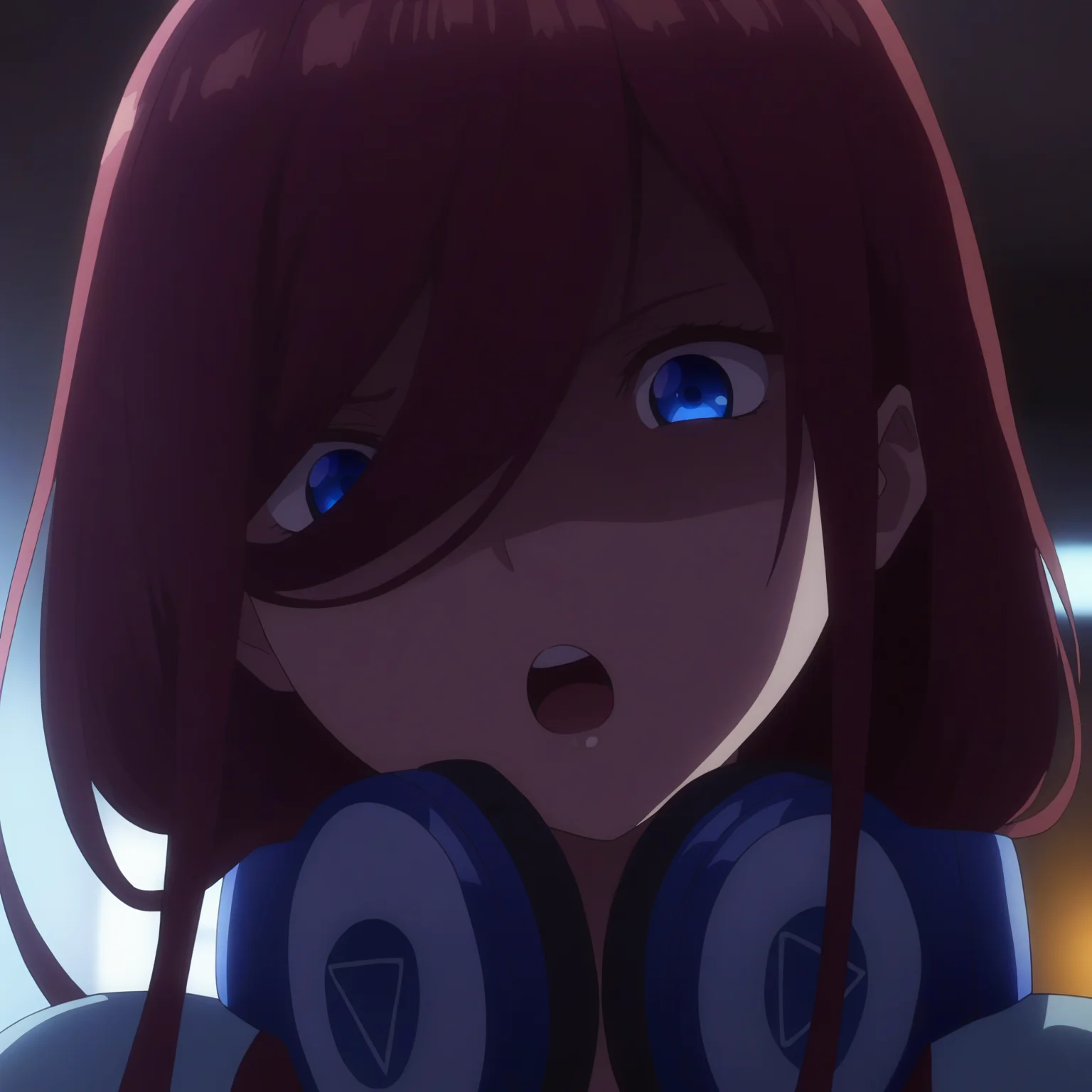 masterpiece, high quality, high res, absurd res, ultra high quality,
<lora:Miku_Nakano_Illustrious_v57:1>, M1kuNakan0_Illu, 1girl, (solo:1.2), brown-red_hair, hair_over_eye, long_hair, dark-blue_eyes, headphones, (triangle_logo:1.1), bangs, shaded face, (glowing_eyes:0.7), open_mouth, upper teeth, looking at viewer, portrait , (slightly_annoyed:0.8), squinted_eyes