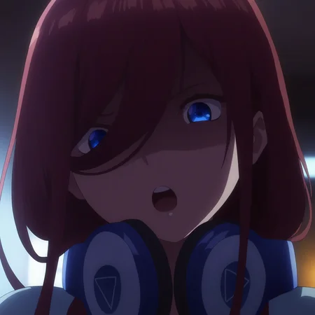 masterpiece, high quality, high res, absurd res, ultra high quality,
<lora:Miku_Nakano_Illustrious_v57:1>, M1kuNakan0_Illu, 1girl, (solo:1.2), brown-red_hair, hair_over_eye, long_hair, dark-blue_eyes, headphones, (triangle_logo:1.1), bangs, shaded face, (glowing_eyes:0.7), open_mouth, upper teeth, looking at viewer, portrait , (slightly_annoyed:0.8), squinted_eyes