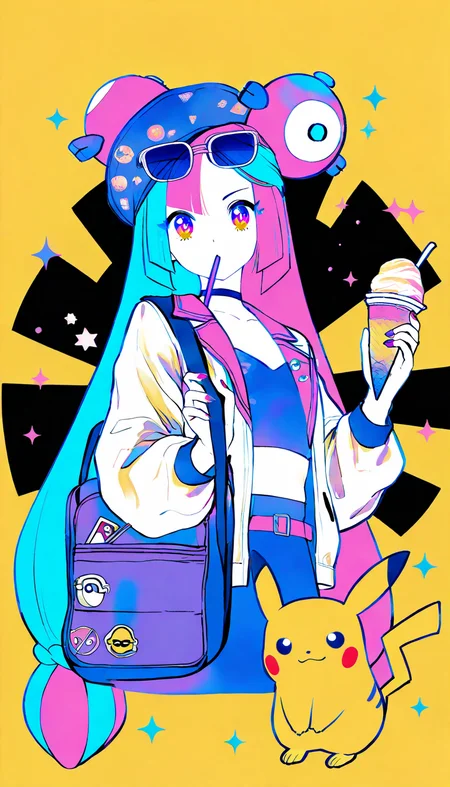 masterpiece, best quality, good quality, very aesthetic, absurdres, newest,  1girl, pikachu, ice cream, iono \(pokemon\), hat, food, long hair, character hair ornament, holding, ice cream cone, bag, pokemon \(creature\), jacket, multicolored hair, looking at viewer, alternate costume, backpack, sunglasses, choker, drinking straw, pink hair, star \(symbol\), cup, two-tone hair, long sleeves, holding cup, sparkle, eyewear on head, midriff, drinking straw in mouth, eyewear on headwear, bow-shaped hair, hair ornament, nail polish