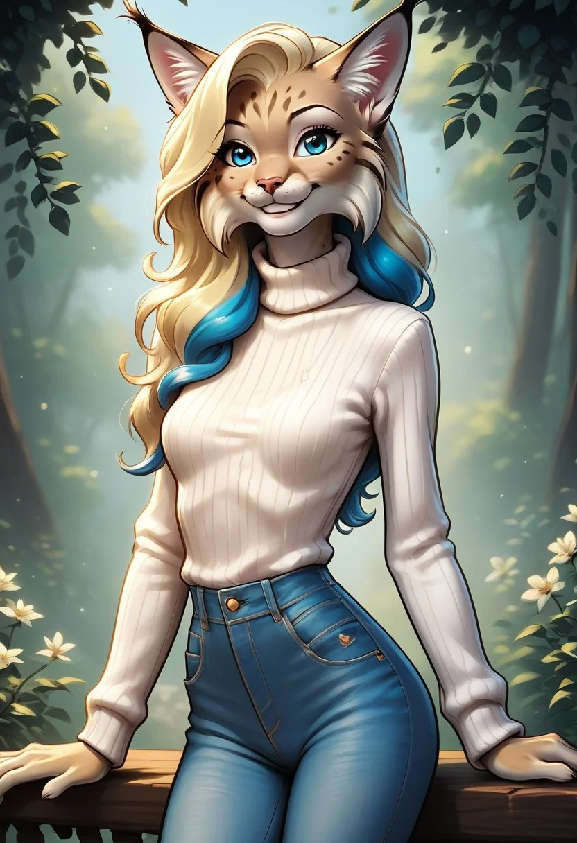 digital_media_(artwork) hi_res, score_9, score_8_up, score_7_up, score_6_up, score_5_up, score_4_up, rating_safe, beautiful, anthro, furry, female, detailed textured fur, fur tufts, fluffy, slim, slender, small breasts, cute, sweater, denim jeans, beautiful blue eyes, smile, solo, SFW, long blonde hair, lynx, multicolored hair, streaked hair, gtales-dh,