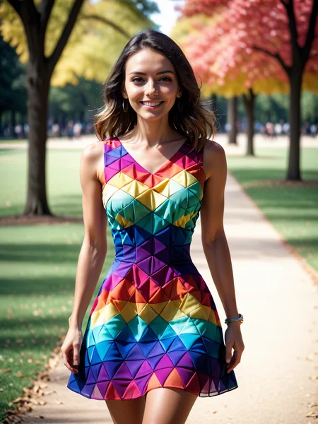 woman walking through park wearing colorful mad-triangle dress, light smile,  <lora:Colorful_Triangle_SDXL_v2:0.8>, raw photo, film grain, Fujifilm XT3, (photorealistic, realistic:1.2), deep shadow,  8k, uhd, dslr, ultra high res
