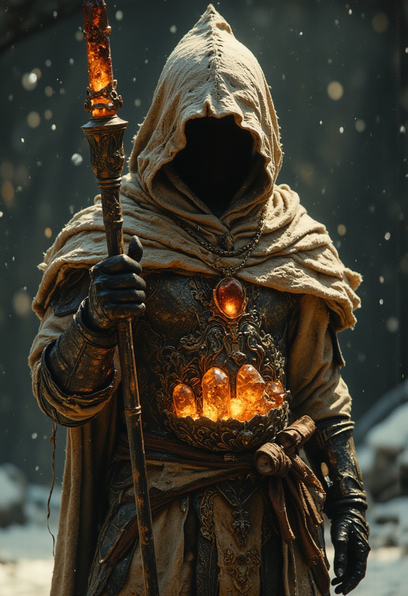 The goddess of war, Extreme Upper Body Closeup Portrait, Vibrant Amber and golden-black color graded, Face and eyes shaded By the oversized Linen hood, AmanoER, analog Photo of a eerie armored bedouin Warrior witch with a staff full of crystals, the crystals are round translucent black-red, hknature ninja-goddess, action pose, featuring a stylized, a ninja with translucent dark-red ice-based powers. He is depicted standing in a snowy, shadowy background., giving an action pose, Casting a spear Made of ICE and frost. The glowing dark outlines defines the character's muscular physique, ornate suit of armor. The armor includes a translucent amber and black chest piece with intricate Design.