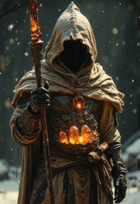 The goddess of war, Extreme Upper Body Closeup Portrait, Vibrant Amber and golden-black color graded, Face and eyes shaded By the oversized Linen hood, AmanoER, analog Photo of a eerie armored bedouin Warrior witch with a staff full of crystals, the crystals are round translucent black-red, hknature ninja-goddess, action pose, featuring a stylized, a ninja with translucent dark-red ice-based powers. He is depicted standing in a snowy, shadowy background., giving an action pose, Casting a spear Made of ICE and frost. The glowing dark outlines defines the character's muscular physique, ornate suit of armor. The armor includes a translucent amber and black chest piece with intricate Design.