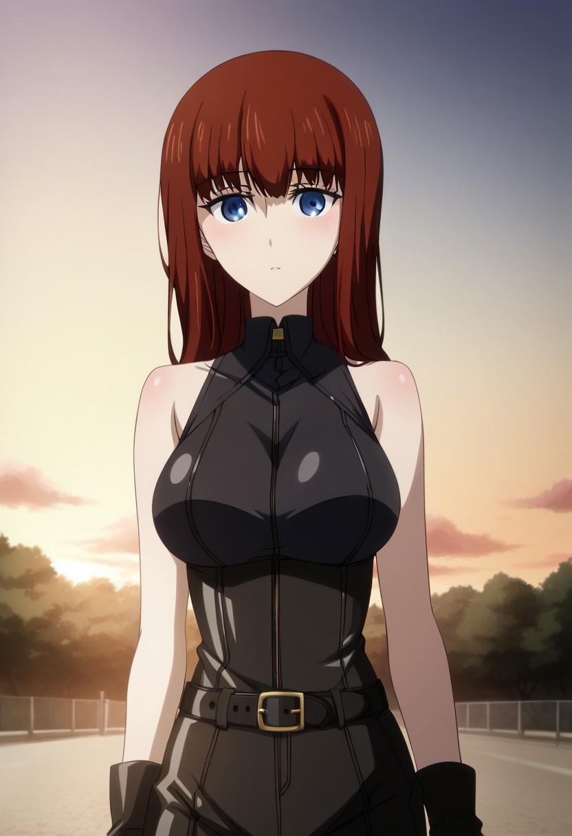 Ultra-high-detailed Anime illustration of Kagari Shiina. The artwork features Kagari in a solo, face focus, upper body, standing position with a outdoors, street background. She is depicted with intricate details showcasing her big_breasts, natural_breasts. She is a white skinned, 22 years old woman. Kagari is looking_at_viewer with perfect_eyes, Her pupils are highly detailed. The eyes are open. blue eyes. Kagari's eyes are highlighted. Highlighted eyevrows. She has long_hair, red_hair styled in floating_hair, shiny_hair and bangs. She is wearing a  motorcycle suit, black_motorcycle suit, full body motorcycle suit with black gloves, black belt and black shoes. The artistic style is intricate_details_xl with a focus on Anime art. The color palette emphasizes red and black with detailed strokes to bring out the character's features. The lighting creates dramatic shadows and highlights, adding depth to the artwork. The perspective is from a face focus, dutch angle to enhance the impact of the character's expression. This masterpiece is a true portrayal of Kagari's complex personality and will captivate any fan of Kagari.