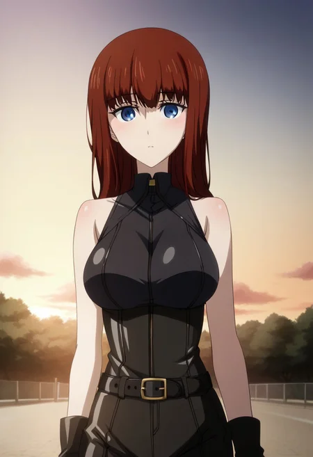 Ultra-high-detailed Anime illustration of Kagari Shiina. The artwork features Kagari in a solo, face focus, upper body, standing position with a outdoors, street background. She is depicted with intricate details showcasing her big_breasts, natural_breasts. She is a white skinned, 22 years old woman. Kagari is looking_at_viewer with perfect_eyes, Her pupils are highly detailed. The eyes are open. blue eyes. Kagari's eyes are highlighted. Highlighted eyevrows. She has long_hair, red_hair styled in floating_hair, shiny_hair and bangs. She is wearing a  motorcycle suit, black_motorcycle suit, full body motorcycle suit with black gloves, black belt and black shoes. The artistic style is intricate_details_xl with a focus on Anime art. The color palette emphasizes red and black with detailed strokes to bring out the character's features. The lighting creates dramatic shadows and highlights, adding depth to the artwork. The perspective is from a face focus, dutch angle to enhance the impact of the character's expression. This masterpiece is a true portrayal of Kagari's complex personality and will captivate any fan of Kagari.