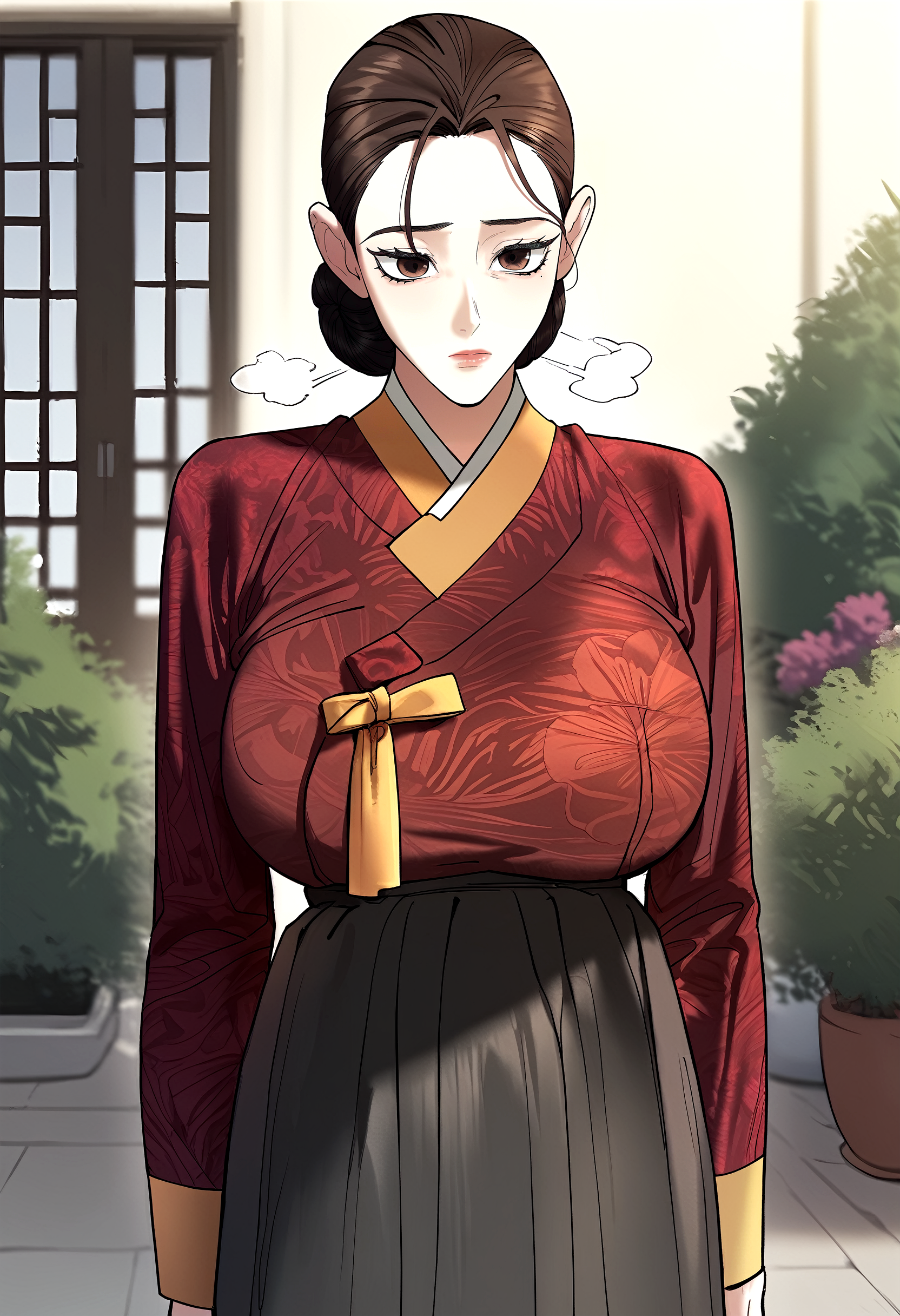 score_9, score_8_up, score_7_up, score_6_up, source_anime, rating_explicit, <lora:neg4all_bdsqlsz_V3.5:2.0>1girl, solo, huge breasts, <lora:Lee Youngponyxl:1> brown eyes, brown hair, mole under eye, black hair, eyelashes, gache, floral print, korean clothes, hanbok, red shirt, black skirt, long sleeves, expressionless, Narrow shoulders, heavy breathing, steaming body, garden, outdoors