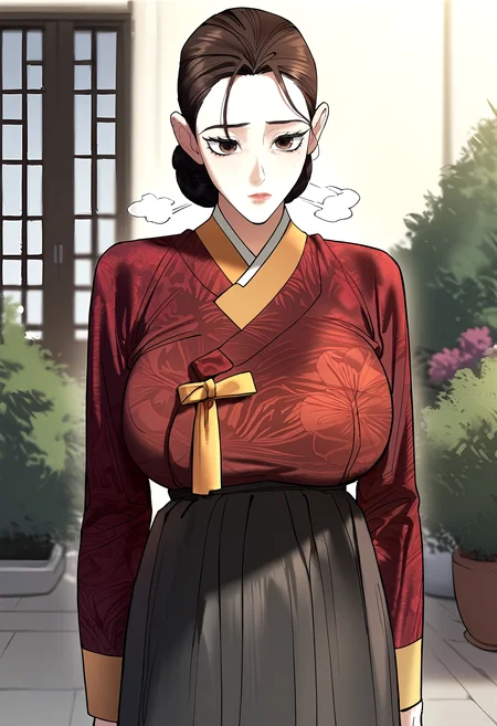 score_9, score_8_up, score_7_up, score_6_up, source_anime, rating_explicit, <lora:neg4all_bdsqlsz_V3.5:2.0>1girl, solo, huge breasts, <lora:Lee Youngponyxl:1> brown eyes, brown hair, mole under eye, black hair, eyelashes, gache, floral print, korean clothes, hanbok, red shirt, black skirt, long sleeves, expressionless, Narrow shoulders, heavy breathing, steaming body, garden, outdoors