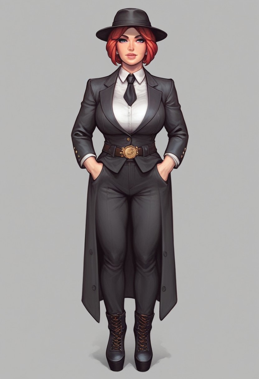 (masterpiece,best quality,4K,anime),1girl,mature,solo,(intense crimson hair),short hair,bob cut,wavy hair,bangs,blue eyes,beautiful eyes,perfect eyes,sculpted nose,natural color lips,black striped suit,white shirt,black blazer,black pants,belt,black necktie,(black fedora hat),long coat,two tone shoes,black and white shoes,1932 Ford car,standing next to car,city,street,vintage style,vintage,looking at viewer,hands in pockets,high resolution textures,cinematic,extremely detailed
((full-clothed armor)), ((long big pistol in hands, handgun in hands))
BREAK 
strange world background score_9, score_8_up, score_7_up, score_6_up, source_cartoon, rating_explicit, Expressiveh, (((((full body))))), dynamic pose