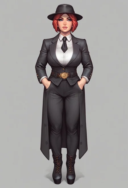(masterpiece,best quality,4K,anime),1girl,mature,solo,(intense crimson hair),short hair,bob cut,wavy hair,bangs,blue eyes,beautiful eyes,perfect eyes,sculpted nose,natural color lips,black striped suit,white shirt,black blazer,black pants,belt,black necktie,(black fedora hat),long coat,two tone shoes,black and white shoes,1932 Ford car,standing next to car,city,street,vintage style,vintage,looking at viewer,hands in pockets,high resolution textures,cinematic,extremely detailed
((full-clothed armor)), ((long big pistol in hands, handgun in hands))
BREAK
strange world background score_9, score_8_up, score_7_up, score_6_up, source_cartoon, rating_explicit, Expressiveh, (((((full body))))), dynamic pose