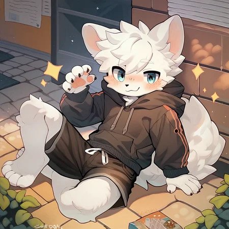 <lora:Boykisser SDXL:0.9>, score_9,score_8_up,score_7_up,score_6_up,score_5_up,score_4_up, solo anthro furry, boykisserfur, male, white fur, white ears, blush, hoodie, shorts, full body,