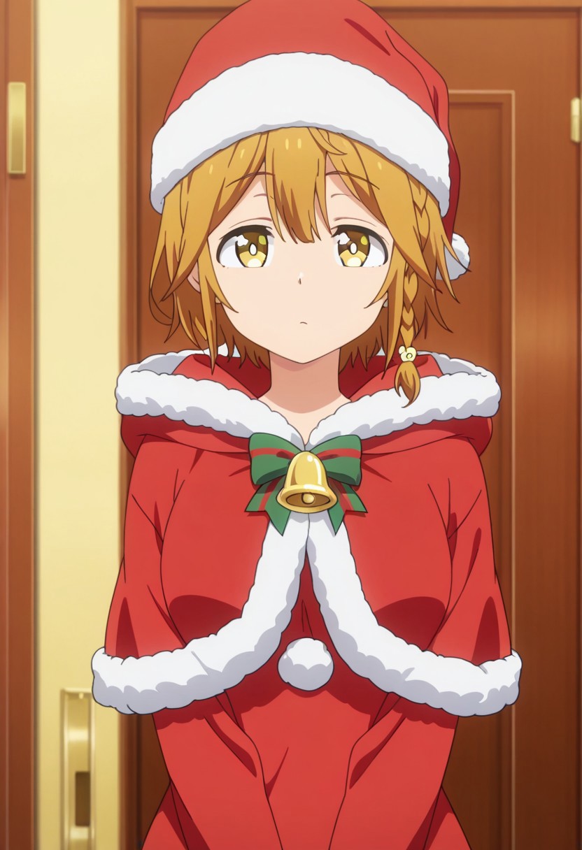 masterpiece,best quality,amazing quality, koiwai yoshino, short hair, braid, brown hair, 1girl, hat, santa hat, solo, anime coloring, santa costume, yellow eyes, fur trim, looking at viewer, christmas, door, bell, hood
