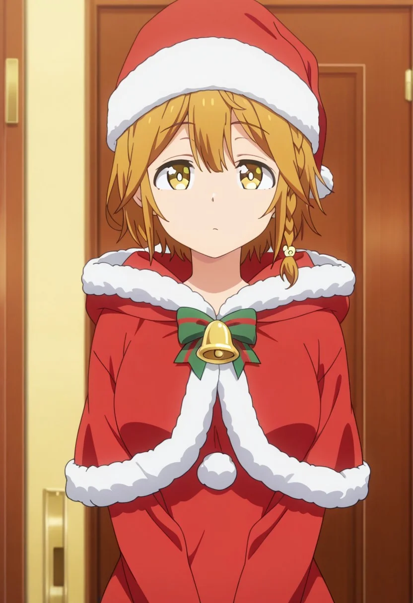 masterpiece,best quality,amazing quality, koiwai yoshino, short hair, braid, brown hair, 1girl, hat, santa hat, solo, anime coloring, santa costume, yellow eyes, fur trim, looking at viewer, christmas, door, bell, hood