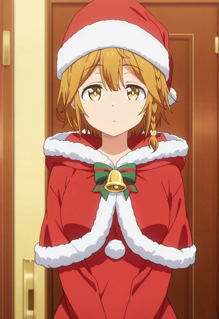 masterpiece,best quality,amazing quality, koiwai yoshino, short hair, braid, brown hair, 1girl, hat, santa hat, solo, anime coloring, santa costume, yellow eyes, fur trim, looking at viewer, christmas, door, bell, hood