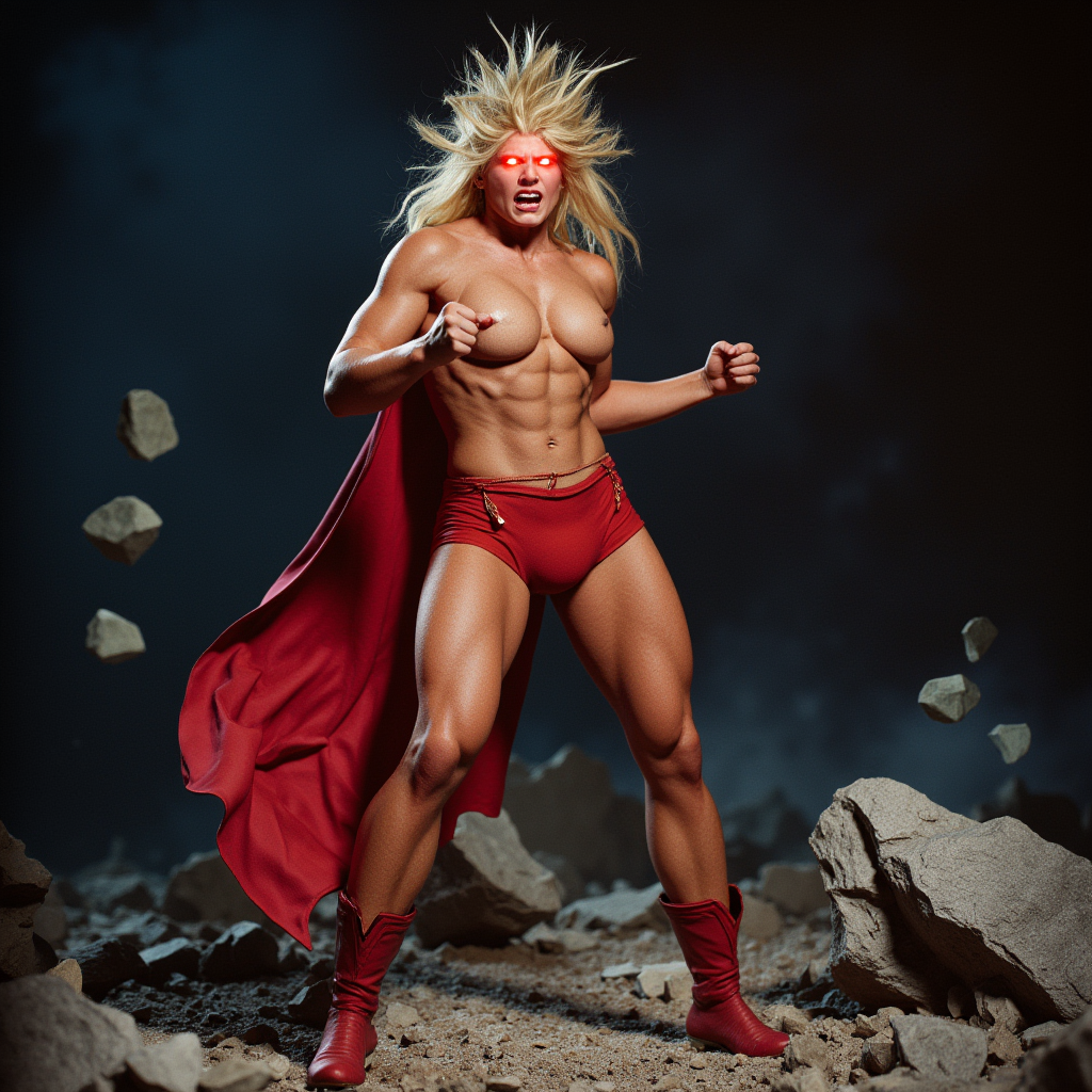 analog film photo of  <lora:cinematic Superman style v1:0.8>
cinematic style A muscular bodybuilding angry blonde messy hair Supergirl making a fist with glowing red eyes screaming at camera, angry woman in a supergirl costume is standing on rocky ground with flying rocks in space, 1girl, solo, long hair, breasts, open mouth, blonde hair, red eyes, boots, teeth, cape, torn clothes, blood, muscular, glowing, clenched hand, glowing eyes, clenched hands, realistic, superhero, debris, 1female, gloves, red cape, torn cape, 1person, human focus, human focus, rock, looking at viewer, skirt, bodysuit, red skirt, western comics (style), faded film, desaturated, 35mm photo, grainy, vignette, vintage, Kodachrome, Lomography, stained, highly detailed, found footage