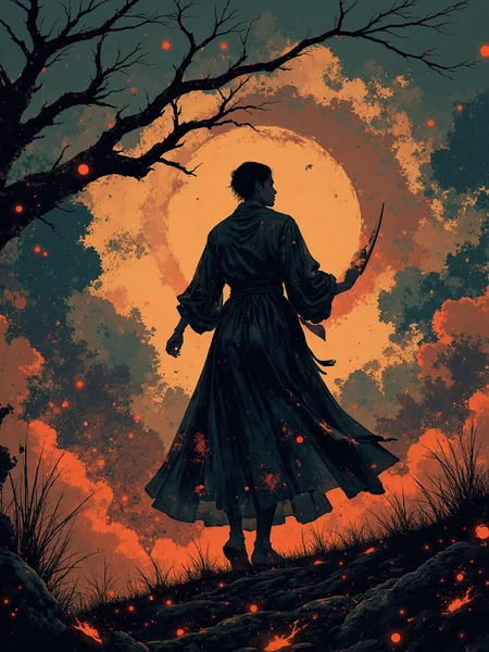 Here's a text prompt for an eye-catching image:  In a swirling vortex of chaotic darkness, The Reaper stands tall, his skeletal face twisted in a snarl as he twirls his scythe through an abyssal sea of flames. His bony fingers are smeared with vibrant, glowing ink that explodes outward in all directions, like a burst of ethereal brushstrokes across the canvas of reality.  As he spins, the air around him distorts, warping the very fabric of existence into impossible shapes that defy gravity and logic. His back is turned towards us, but we can see, Ethereal Brush Anime, <lora:Ethereal_Brush_Anime_v1.0.safetensors:0.8> Ethereal Brush Anime <lora:Flux.1_Turbo_Detailer.safetensors:0.3>